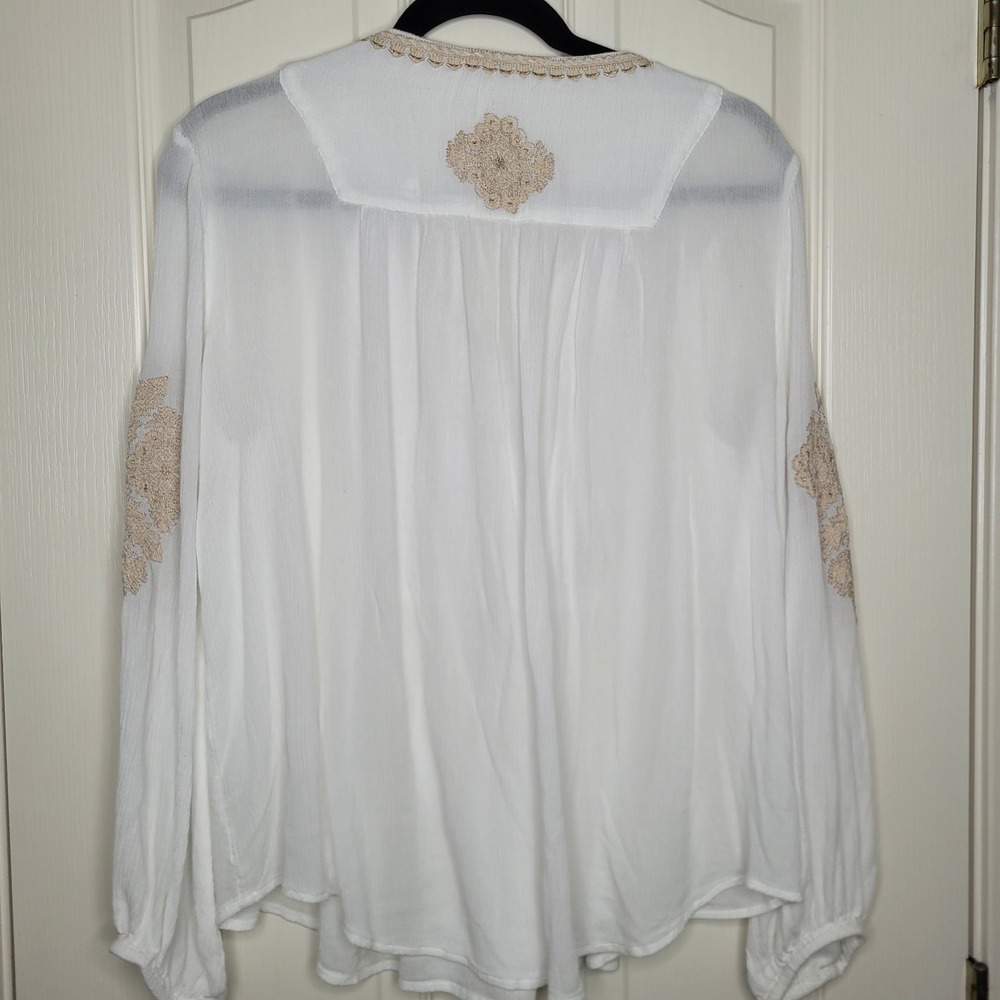 Sundance Palace Pathway Tunic Sz L White Gold Embroidered Lace-up Tasseled Boho - Picture 2 of 10
